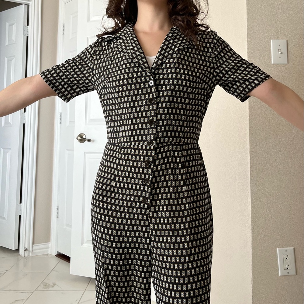 Commense short sleeve camp collar button front mini print straight leg jumpsuit